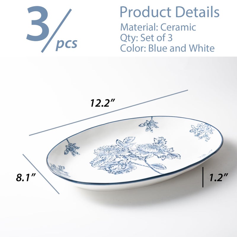 Magclay Ceramic Serving Platters, 12 Inch Large Serving Trays, Oval Plates for Dessert Appetizers Meat/Entertaining/Party, Blue and White, Set of 3 - Image 2
