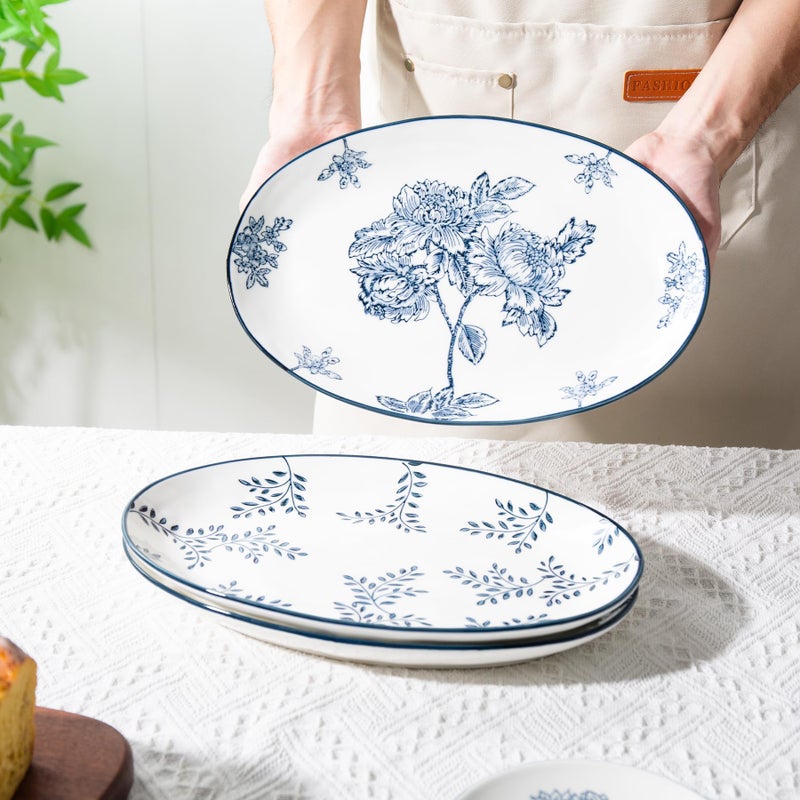 Magclay Ceramic Serving Platters, 12 Inch Large Serving Trays, Oval Plates for Dessert Appetizers Meat/Entertaining/Party, Blue and White, Set of 3 - Image 5