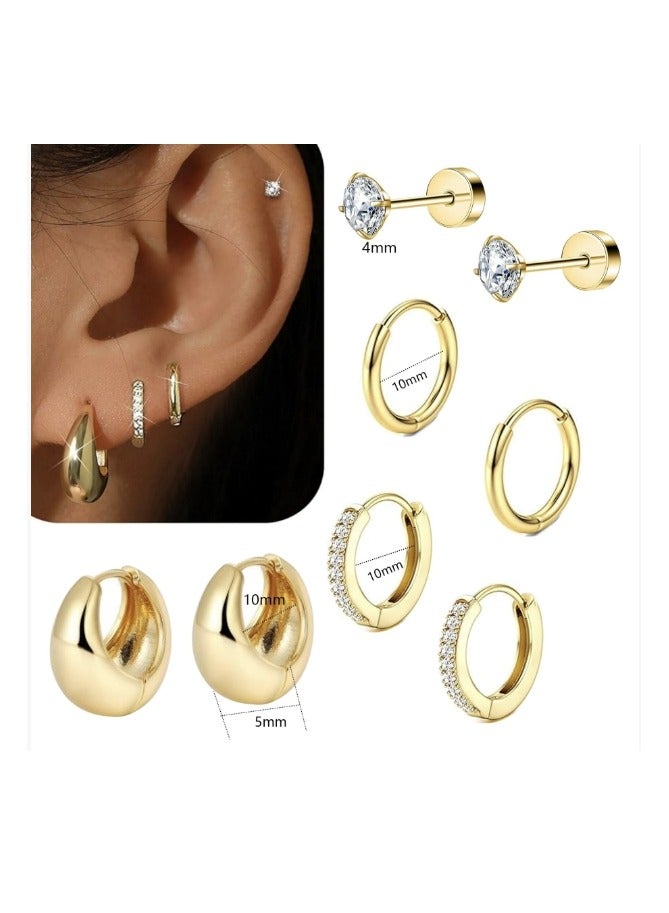 4 أزواج من أقراط الذهب الصغيرة للنساء – من الفولاذ الجرحي المطلي بالذهب عيار 14K، هيبوأليرجينيك، أقراط هوجي سميكة، أقراط ستود أنيقة، مجموعة مجوهرات لثقب الغضروف (ذهبي/فضي) - Image 1