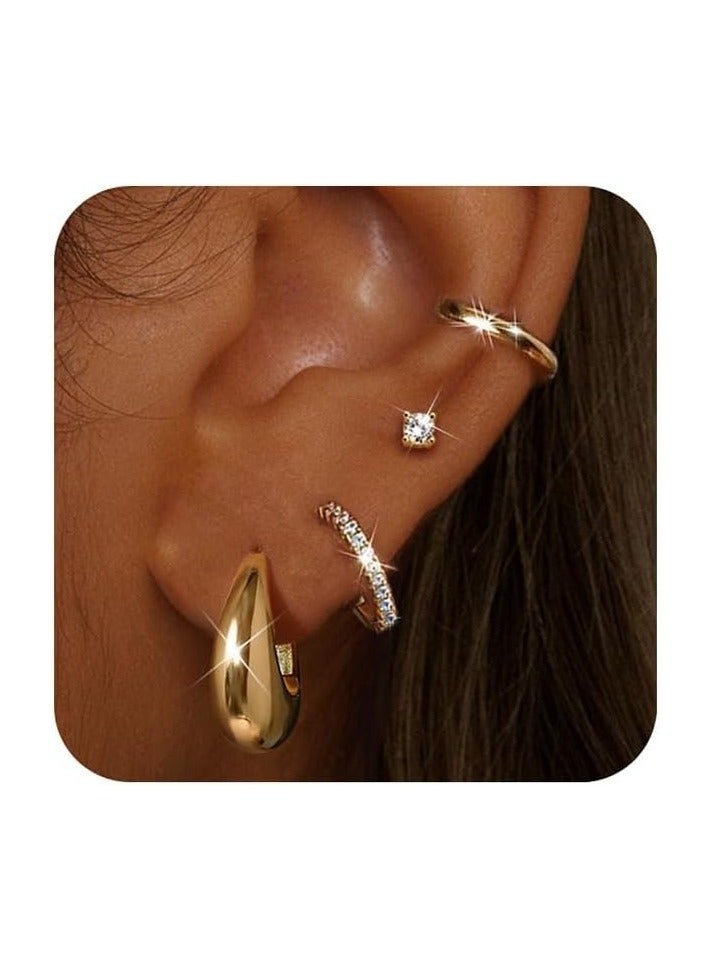 4 أزواج من أقراط الذهب الصغيرة للنساء – من الفولاذ الجرحي المطلي بالذهب عيار 14K، هيبوأليرجينيك، أقراط هوجي سميكة، أقراط ستود أنيقة، مجموعة مجوهرات لثقب الغضروف (ذهبي/فضي) - Image 3