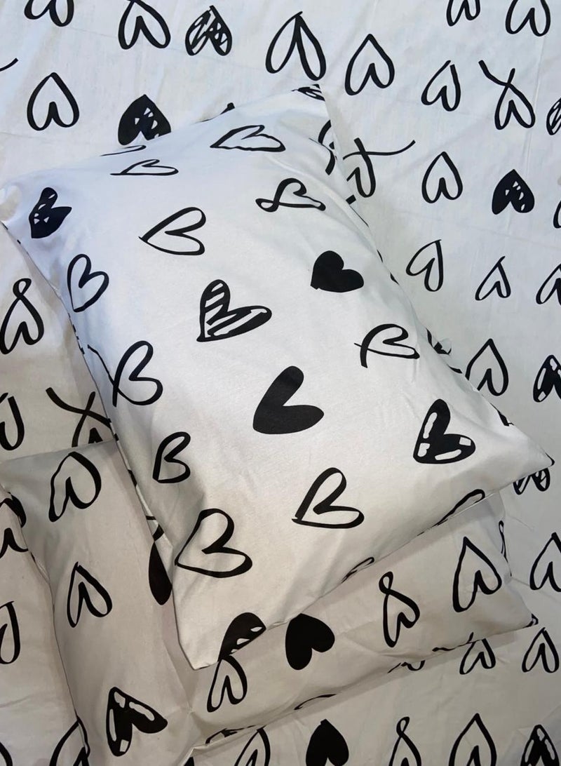 Yarlin-Bed Set (Fitted Bedsheet for 180 cm beds and 2 Small Pillowcases (Black & Heart)  Design