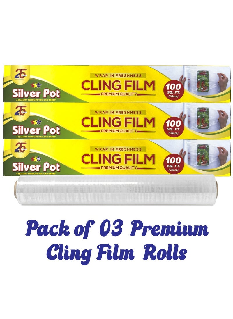 Silver Pot فيلم تغليف بولي إيثيلين متميز – حزمة ترويجية (2+1) – 30 سم × 100 سم – لفة تغليف متينة، من الدرجة الغذائية للحفاظ على النضارة والتخزين والتغليف - Image 2