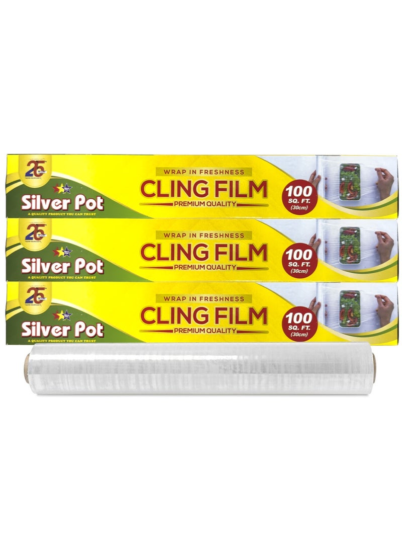 Silver Pot فيلم تغليف بولي إيثيلين متميز – حزمة ترويجية (2+1) – 30 سم × 100 سم – لفة تغليف متينة، من الدرجة الغذائية للحفاظ على النضارة والتخزين والتغليف - Image 1