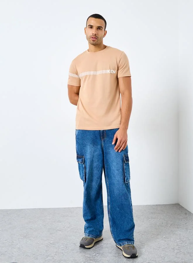 Styli Styli Striped Slogan Print Regular Fit T-Shirt