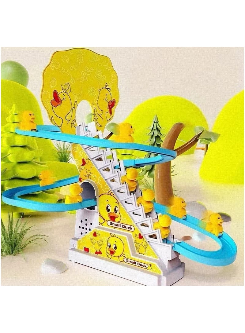 Little Duck Climbing Toy, Electric Duck Climbing Staircase Track Slide Toy Set, Duck Roller Coaster Toy with Flashing Lights and Music On/Off Button - Image 1