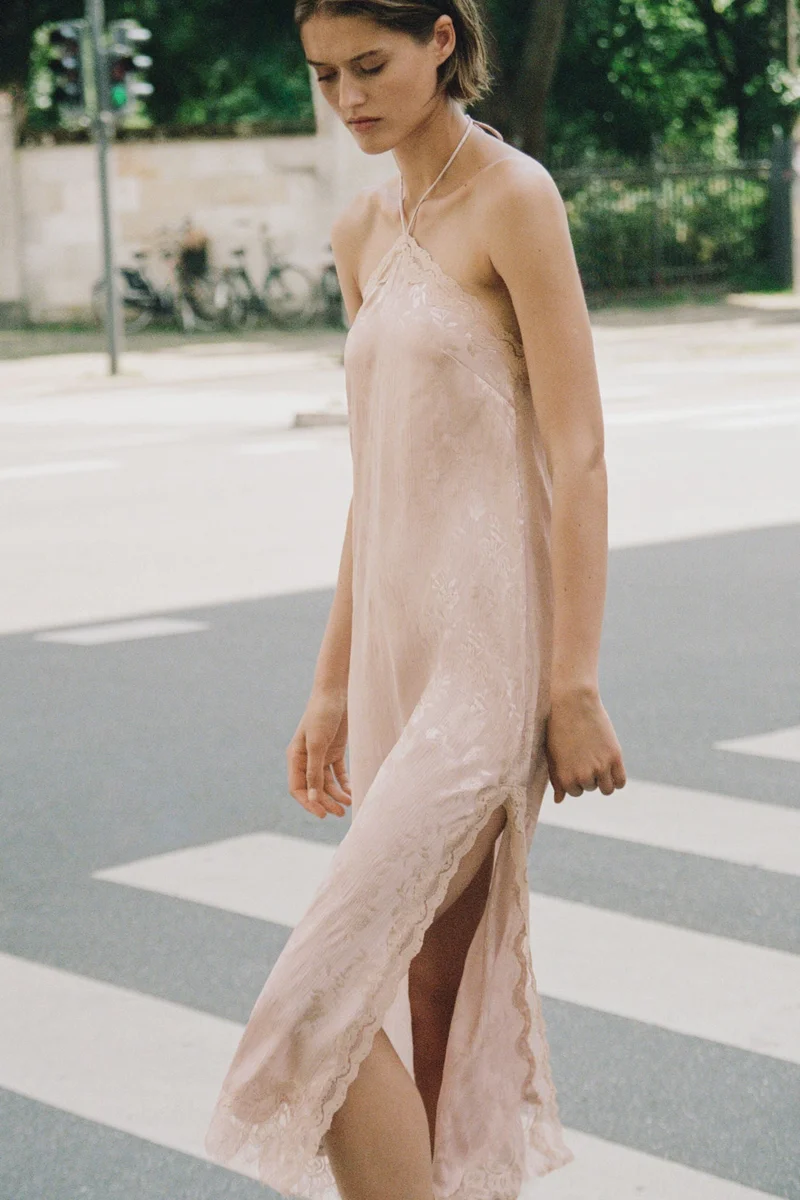 Lace-trimmed brocade dress