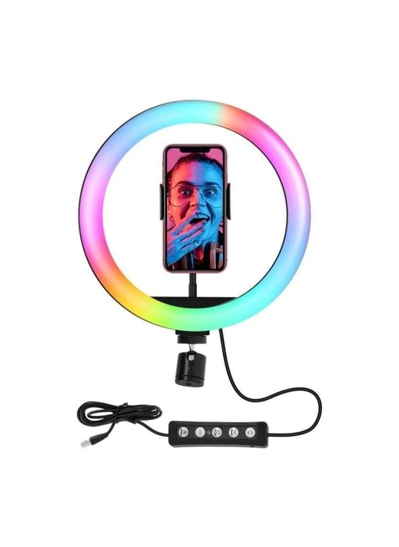 ماركة غير محددة حلقة إضاءة LED دائرية 25 سم بألوان RGB – مع حامل ثلاثي معدني – إضاءة ناعمة للبث المباشر وتسجيل الفيديو  - Image 2
