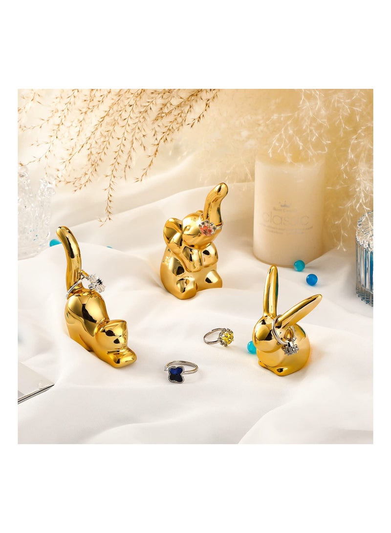 SYOSI 3 Pieces Animals Ring Holder Ceramic Elephant Statues Ceramic Ring Holder Cat Statue Gold Bunny Ornaments Modern Style Animal Figurines Ornaments for House Decor  - Image 3