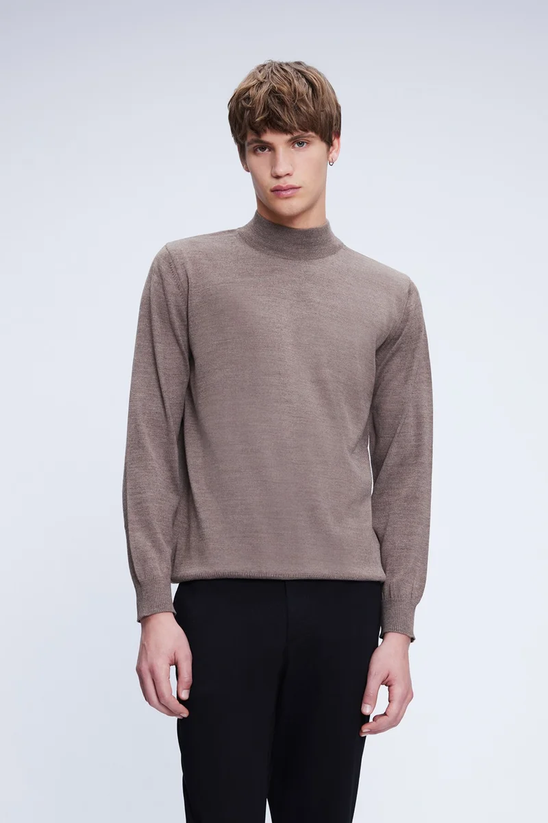 Hatemoğlu Mink Regular Fit Plain Half Turtleneck Wool Knitwear Sweater