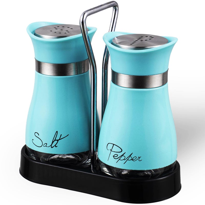 Lonffery Salt and Pepper Shakers Set, Stainless Steel with Glass Bottle for Table, RV, Camp, BBQ, Set of 2, Turquoise - Image 1