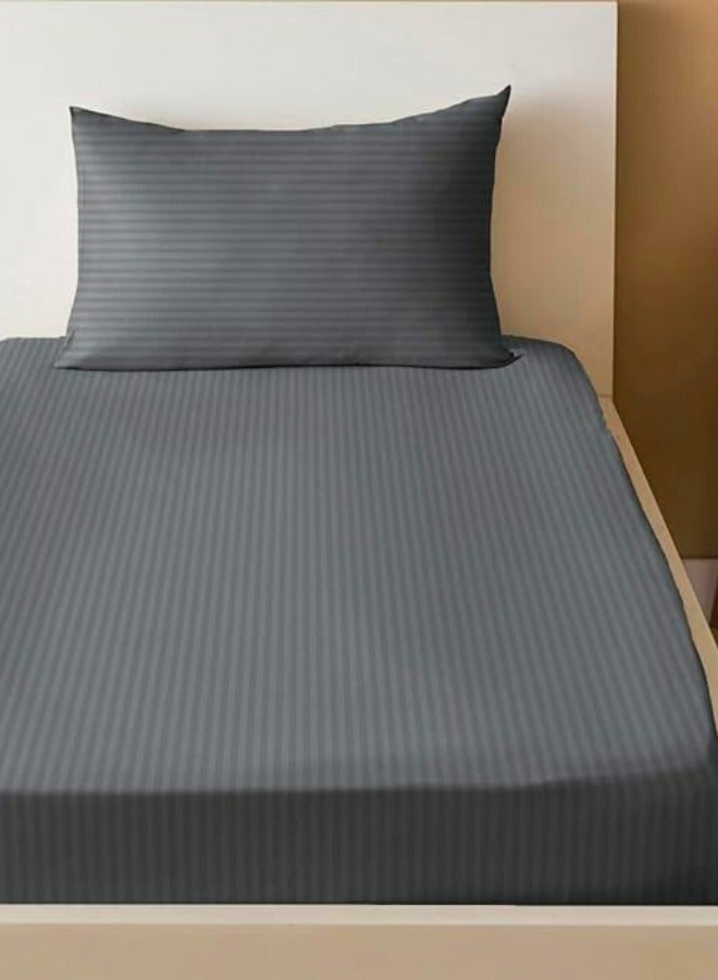 Chase Up Microfiber Stripe Fitted Sheet with Pillowcase Set - 90x200+17cm (Grey) - Image 1
