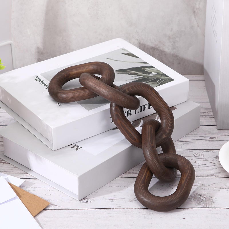 Queekay Decorative Wood Chain Link Decor Rustic Wooden 5 Link Wooden Decor Ornament Farmhouse Home Decoration Hand Carved Wood Chain Ornaments for Coffee Table(Dark Walnut) - Image 1