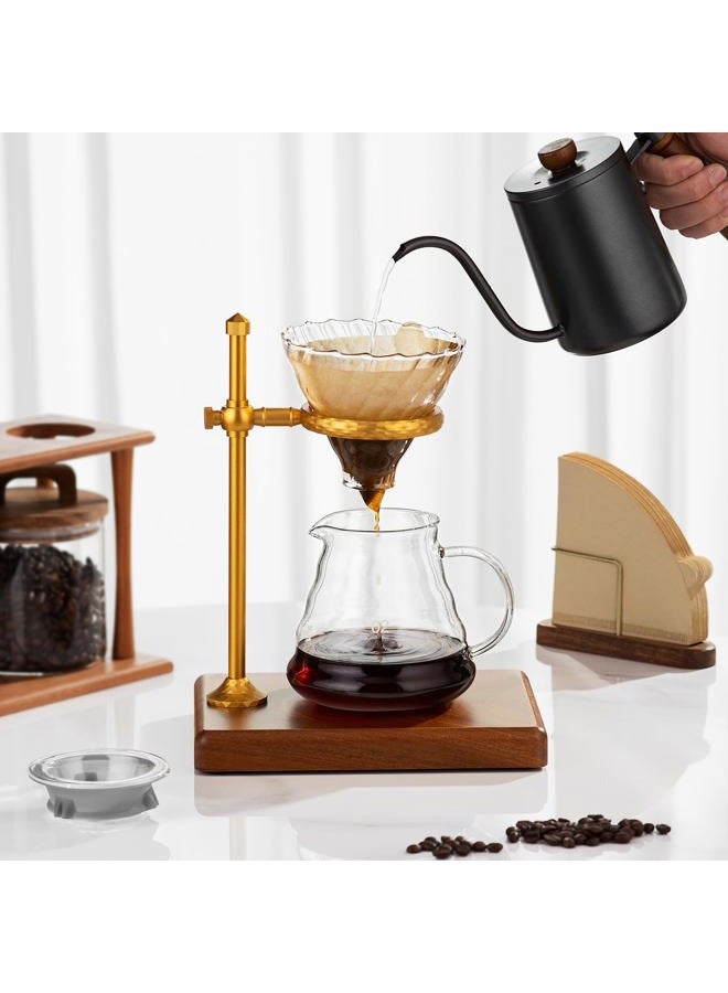 shoxil Pour Over Coffee Maker Set – Glass Coffee Dripper with Stainless Steel Stand, Wooden Base & 40 Filters – Travel Filter Coffee Maker - Image 2