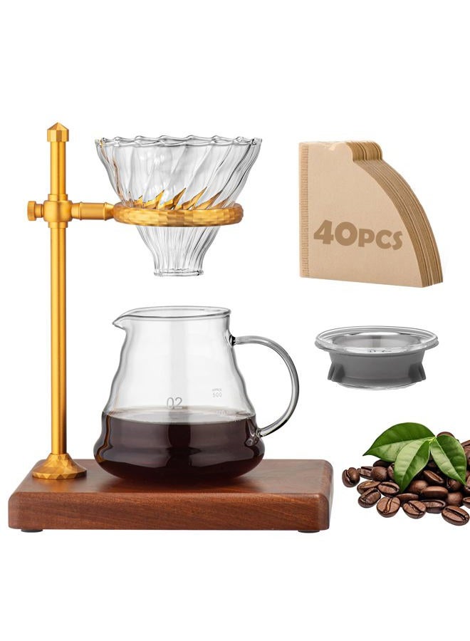 shoxil Pour Over Coffee Maker Set – Glass Coffee Dripper with Stainless Steel Stand, Wooden Base & 40 Filters – Travel Filter Coffee Maker - Image 1
