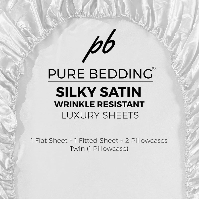 Pure Bedding Satin Sheets King [4-Piece, White] Hotel Luxury Silky Bed Sheets - Extra Soft 1800 Microfiber Sheet Set, Wrinkle, Fade, Deep Pocket Fitted Sheet, Flat Sheet, Pillow Cases - Image 5