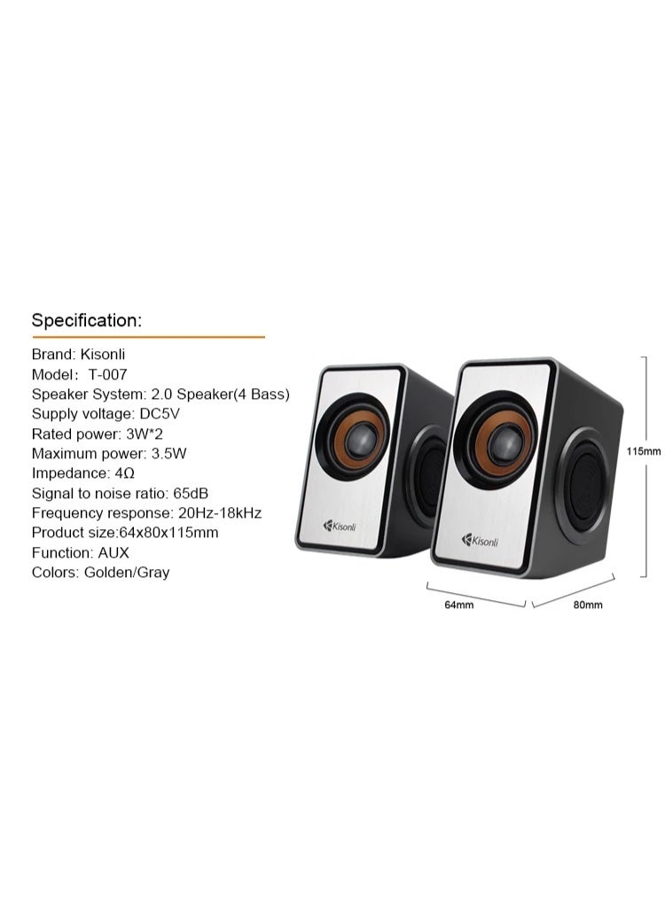 Kisonli T-007 2.0 Computer Speaker – Clear Stereo Sound with Deep Bass - Image 4