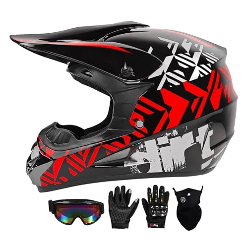 SPARK DOT Motocross Dirt Bike Helmets Full Face Motorcycle Off-Road Mountain E-Bike BMX MX ATV Helmet (with Gloves Goggles Mask) 4Pcs Set (Red, Small) - Image 2
