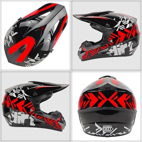 SPARK DOT Motocross Dirt Bike Helmets Full Face Motorcycle Off-Road Mountain E-Bike BMX MX ATV Helmet (with Gloves Goggles Mask) 4Pcs Set (Red, Small) - Image 3