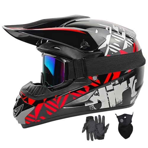 SPARK DOT Motocross Dirt Bike Helmets Full Face Motorcycle Off-Road Mountain E-Bike BMX MX ATV Helmet (with Gloves Goggles Mask) 4Pcs Set (Red, Small) - Image 1