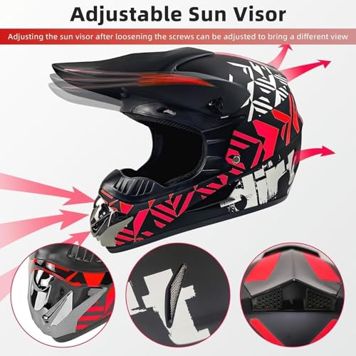 SPARK DOT Motocross Dirt Bike Helmets Full Face Motorcycle Off-Road Mountain E-Bike BMX MX ATV Helmet (with Gloves Goggles Mask) 4Pcs Set (Red, Small) - Image 4