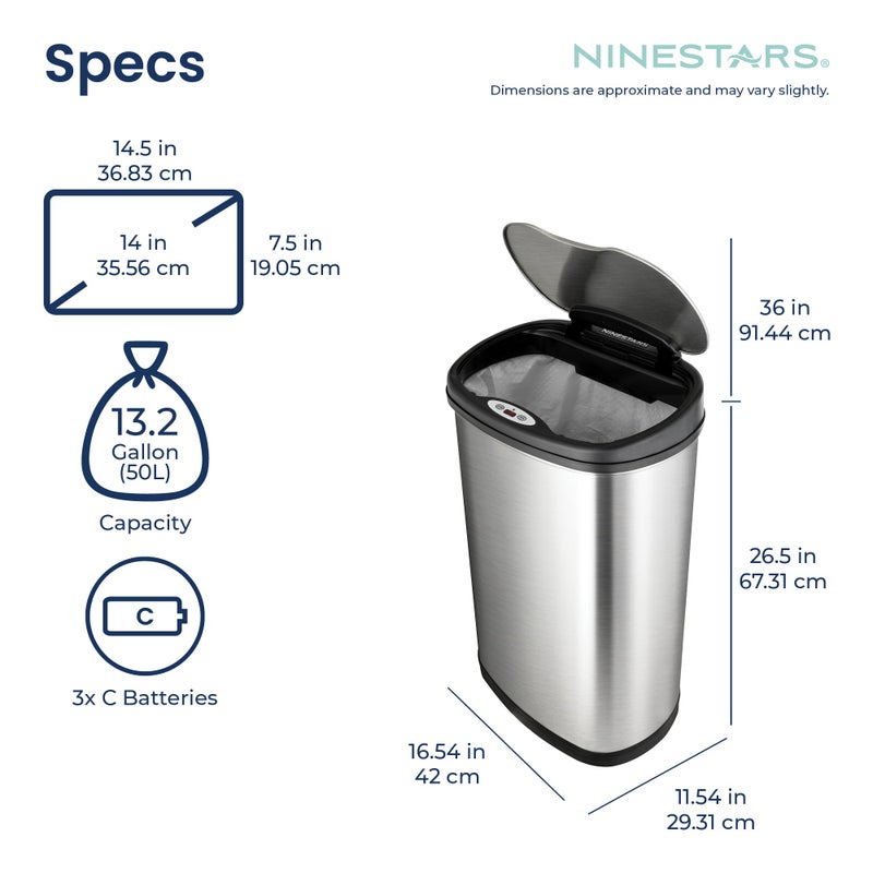 Ninestars 13 Gallon Kitchen Trash Can, Automatic Touchless Motion Sensor Trash Can with Black Lid, 50 Liter Stainless Steel Garbage Bin, Oval, DZT-50-13 - Image 5