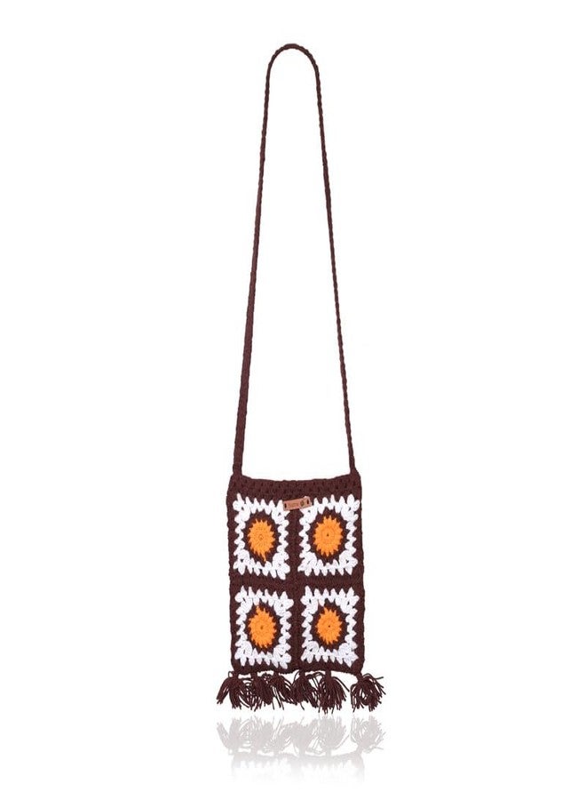 Sutra Handmade Wool Crochet Brown Sunflower Bag | Boho Shoulder Purse | Eco-Friendly Reusable Tote Bag | Summer Beach Handbag for Women Girls - Image 1