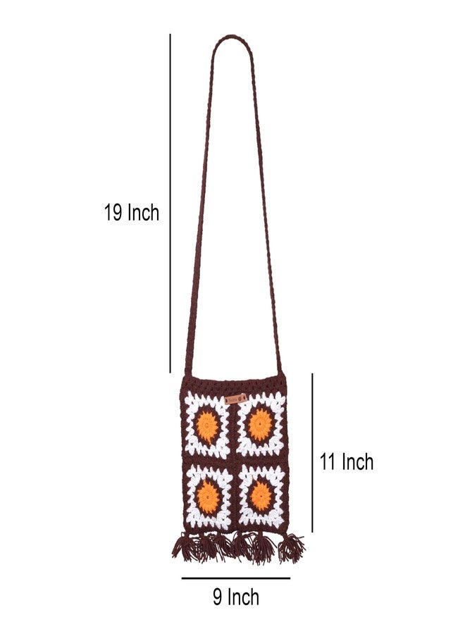 Sutra Handmade Wool Crochet Brown Sunflower Bag | Boho Shoulder Purse | Eco-Friendly Reusable Tote Bag | Summer Beach Handbag for Women Girls - Image 2