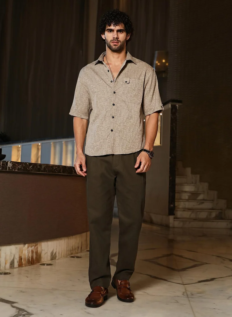 Campus Sutra Men's Ash Beige Aztec-Tactile Oversized Shirt