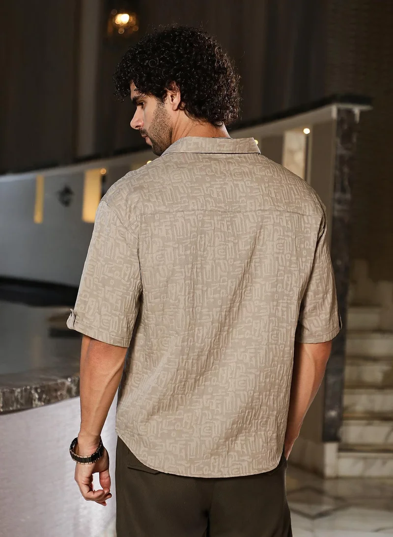 Campus Sutra Men's Ash Beige Aztec-Tactile Oversized Shirt