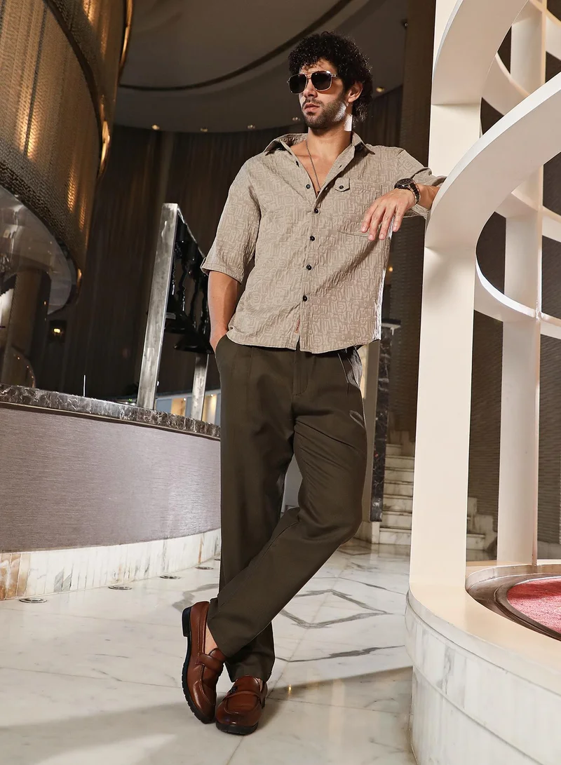 Campus Sutra Men's Ash Beige Aztec-Tactile Oversized Shirt