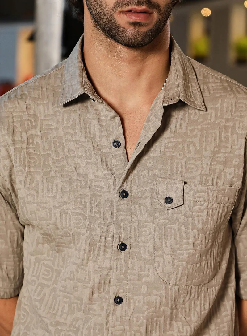 Campus Sutra Men's Ash Beige Aztec-Tactile Oversized Shirt