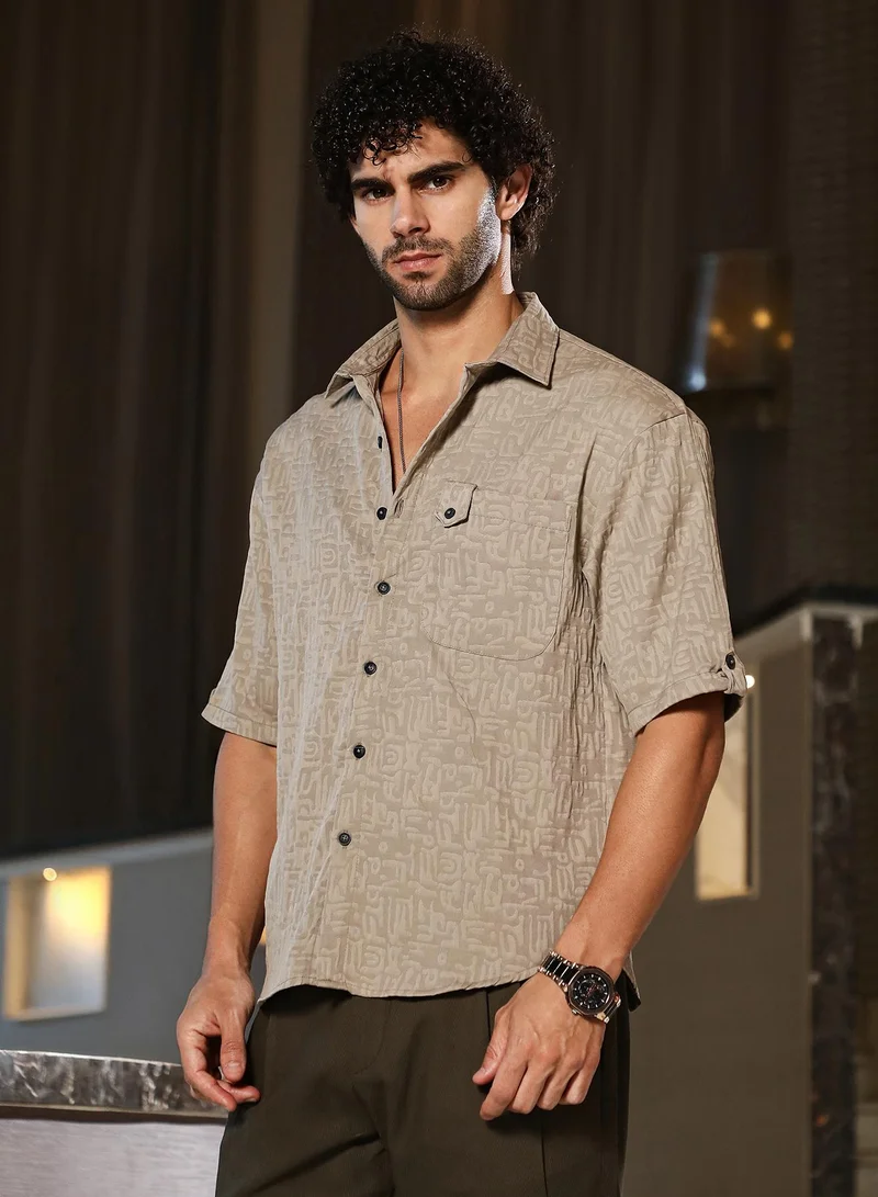 Campus Sutra Men's Ash Beige Aztec-Tactile Oversized Shirt