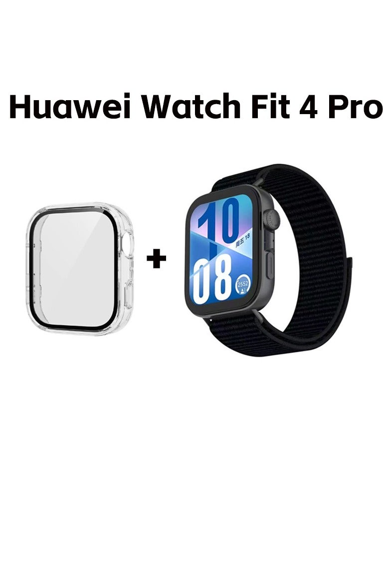 2PCS Tempered Film PC Nylon Braided Replacement Strap, Huawei Watch Fit 4 Pro Nylon Braided Replacement Strap Clear Color/Black