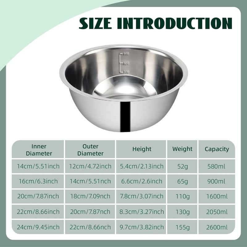 MEETOZ Mixing Bowl Set 5 Stainless Steel Mixing Bowls, Metal Mixing Bowl with Measuring Marking, Stacked Storage Bowl Set Saves Space, for Baking Cooking Serving Food/Salad(0.5L,0.8L,1.55L,2.1L,2.6L) - Image 2