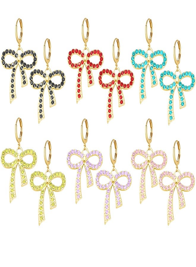 WCRAZYE 6 Pairs Gold Bow Earrings for Women Trendy Crystal Rhinestone Ribbon Bow Hoop Earrings Wedding Christmas Jewelry Gifts (Gold) - Image 1