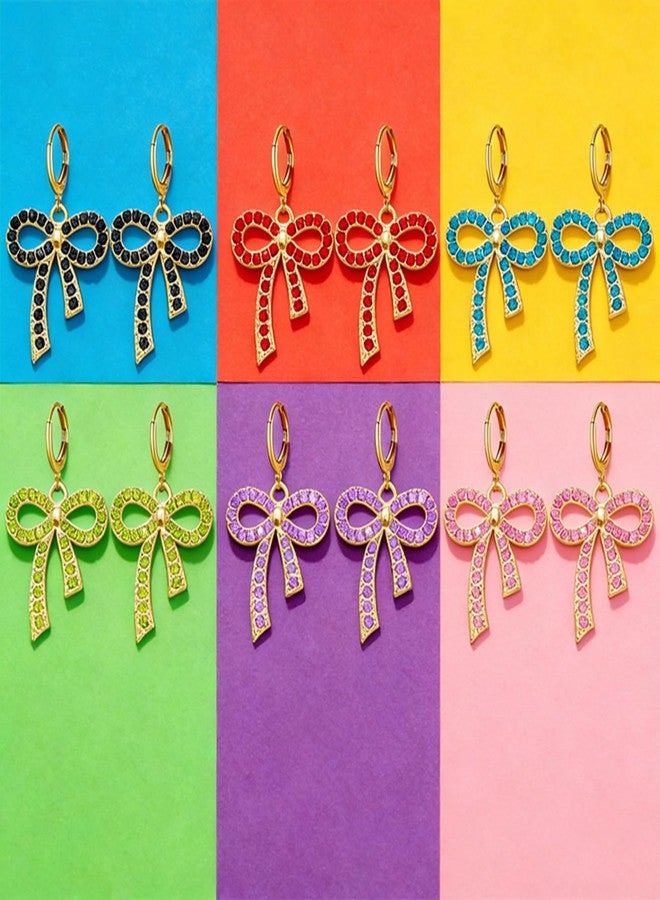 WCRAZYE 6 Pairs Gold Bow Earrings for Women Trendy Crystal Rhinestone Ribbon Bow Hoop Earrings Wedding Christmas Jewelry Gifts (Gold) - Image 2