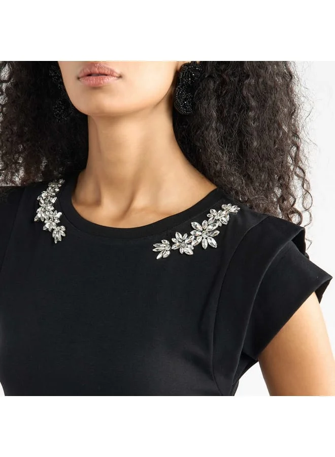 Splash FAV Embellished T-shirt with Round Neck and Cap Sleeves