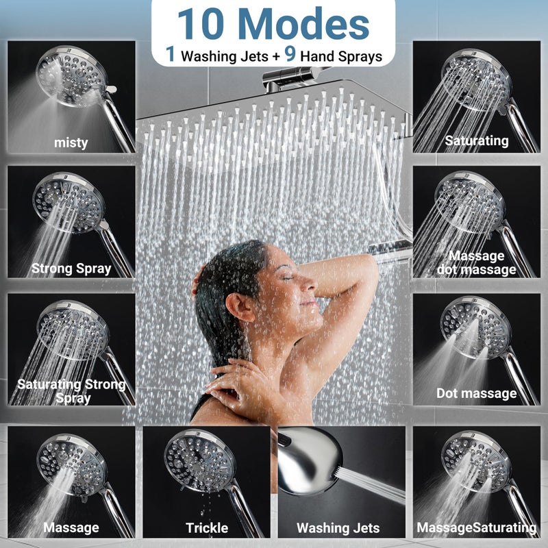 UltrTxenova Filtered Shower Head with Handheld, 11.8" Rain Shower Head, High Pressure 10-Function Handheld Shower Head, with 13.6" Adjustable Shower Head Extension Arm, Shower Head Holder Adhesive (Chrome) - Image 3