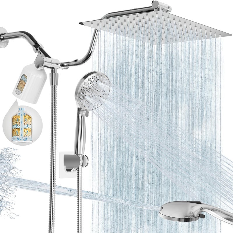 UltrTxenova Filtered Shower Head with Handheld, 11.8" Rain Shower Head, High Pressure 10-Function Handheld Shower Head, with 13.6" Adjustable Shower Head Extension Arm, Shower Head Holder Adhesive (Chrome) - Image 1
