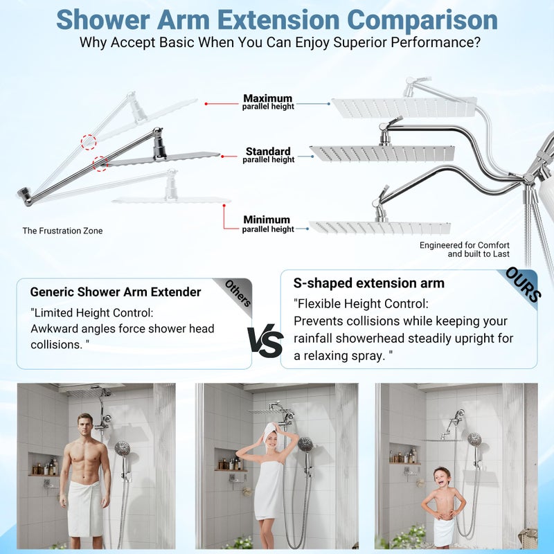 UltrTxenova Filtered Shower Head with Handheld, 11.8" Rain Shower Head, High Pressure 10-Function Handheld Shower Head, with 13.6" Adjustable Shower Head Extension Arm, Shower Head Holder Adhesive (Chrome) - Image 5