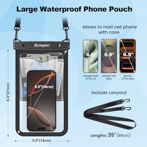 Rynapac 2 Pack Waterproof Phone Pouch - 10in Waterproof Phone Case with Lanyard, IPX8 Cell Phone Dry Bag Beach Cruise Ship Essentials for iPhone 17 16 15 Pro Max, Galaxy S25 S24 Ultra - Image 3