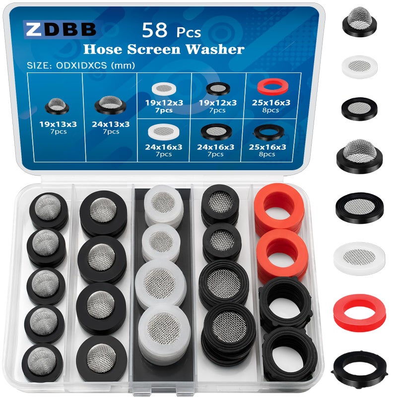 ZDBB 58 PCS Shower Head Garden Hose Screen Filter Gasket.Stainless Steel Water Filter Hose Washer Kit for 1/2,3/4 Inch Plumbing Faucet Screen Fittings and 5/8" Washing Machine Inlet Line Connection - Image 1