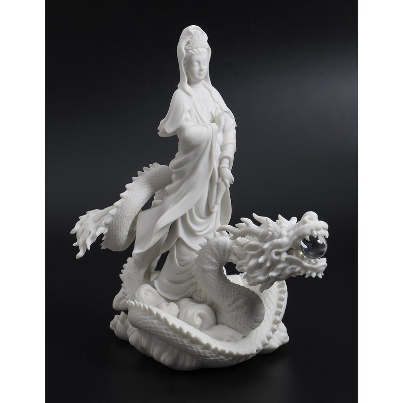Top Collection 13 Guan Yin Riding Dragon Statue  Premium Resin  White Marble Finish  East Asian Buddhist Deity Goddess of Compassion and Mercy