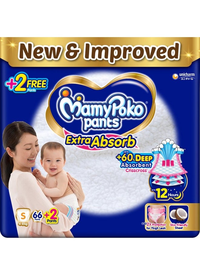 MamyPoko Pants Extra Absorb Baby Diapers, Small (S), 66(+2) Free Diaper, 4-8 Kg, 68 Count  - Image 1