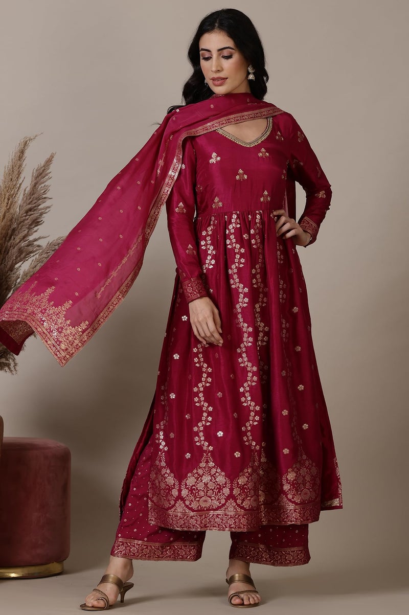 Aurelia Magenta Pink Naira Cut Embellished Jacquard A-line Kurta, Palazzo and Dupatta Set (Size: M)-24AUD10664-705023 - Image 2