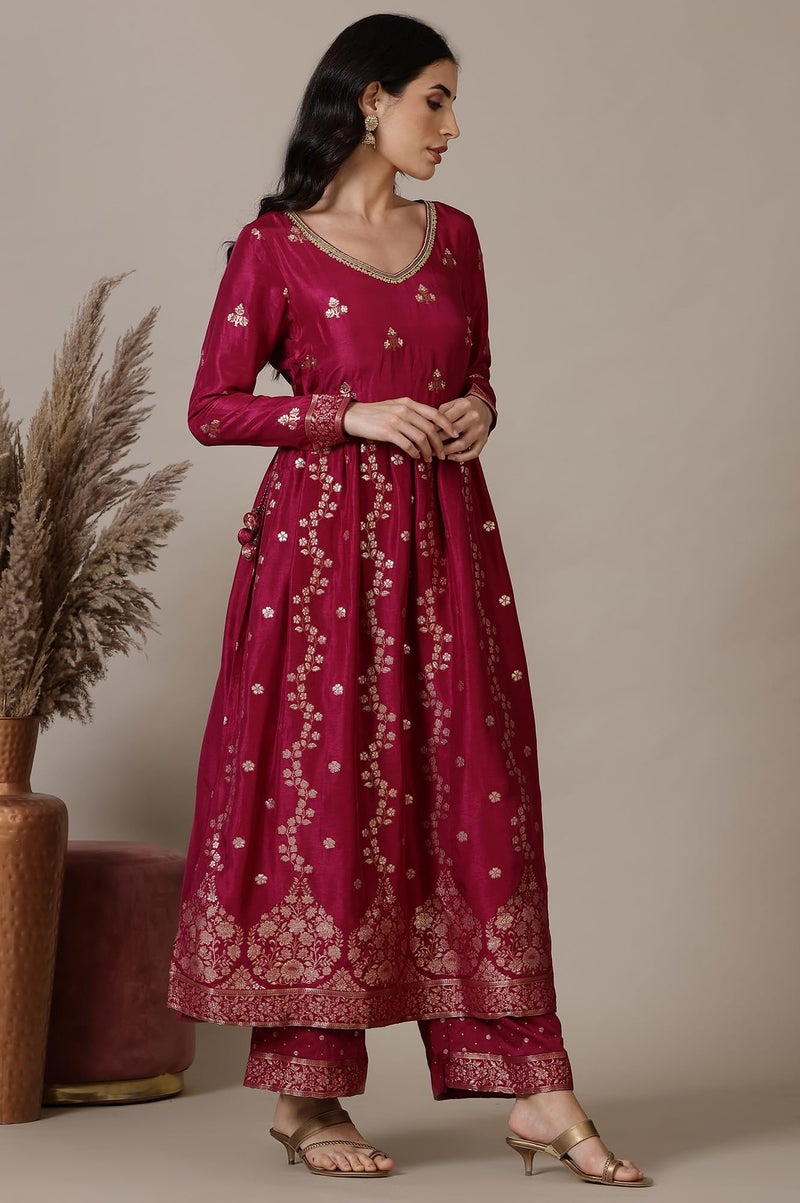 Aurelia Magenta Pink Naira Cut Embellished Jacquard A-line Kurta, Palazzo and Dupatta Set (Size: M)-24AUD10664-705023 - Image 4