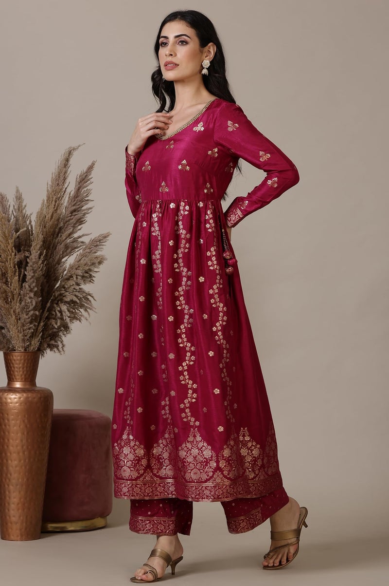 Aurelia Magenta Pink Naira Cut Embellished Jacquard A-line Kurta, Palazzo and Dupatta Set (Size: M)-24AUD10664-705023 - Image 5