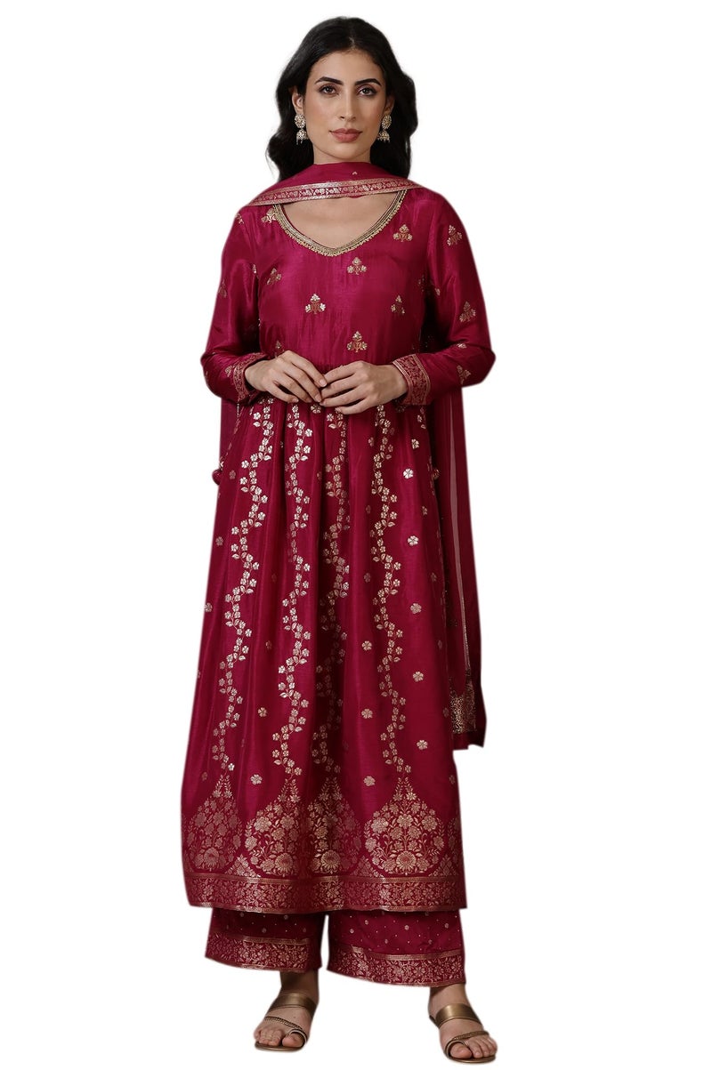 Aurelia Magenta Pink Naira Cut Embellished Jacquard A-line Kurta, Palazzo and Dupatta Set (Size: M)-24AUD10664-705023 - Image 1