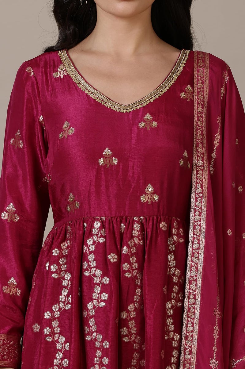 Aurelia Magenta Pink Naira Cut Embellished Jacquard A-line Kurta, Palazzo and Dupatta Set (Size: M)-24AUD10664-705023 - Image 3