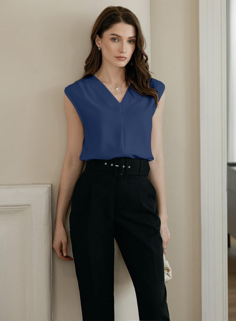 EVALESS Business Casual Tops for Women Dressy Casual Pleated V Neck Sleeveless Blouses Trendy Work Shirts Dirty Blue L - Image 2